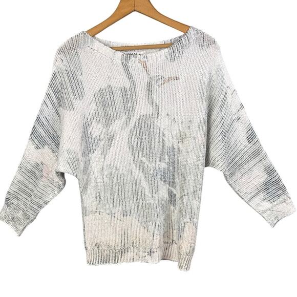 Sioni Silky Knit Sweater Cranes White Multi Size M Beachy Boho Coastal Relaxed - Picture 1 of 7